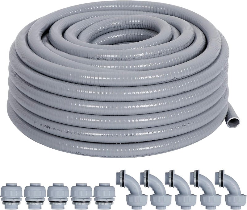 Neorexon Liquid-Tight Conduit 3/4 25ft, Electrical Conduits w/UL Certification, Flexible Conduit with 5 Straight and 5 90-Degree Conduit Connector Fittings - Image 1